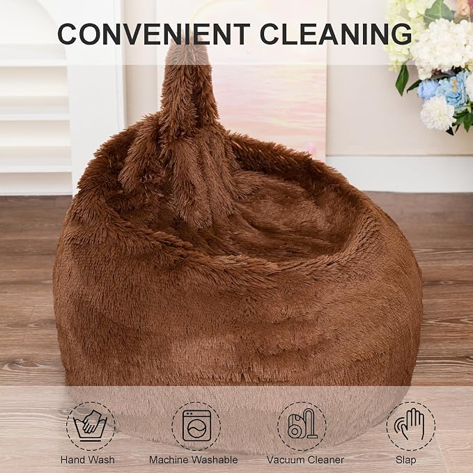 BCU Bean Bag Chairs for Kids and Adults Without Filler (Cover Only) Comfy Plush Fluffy Bean Bag Chair Cover Lazy Sofa Cover for Bedroom Living Room, Brown
