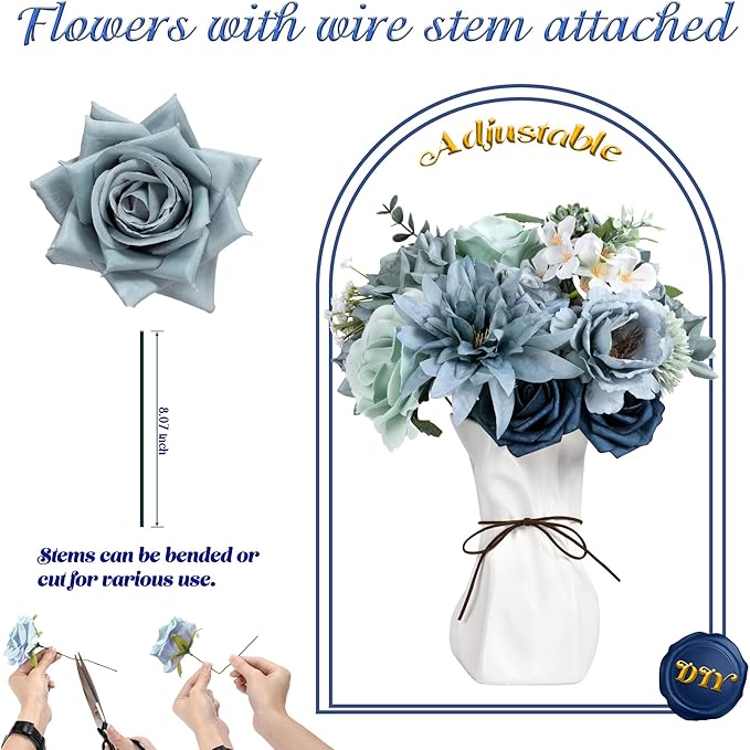 Artificial Flowers Combo Box, 28PCS Fake Flowers, Silk Flower Mix with Wire Stem, DIY Wedding Bridal Bouquet for Arrangement, Shower Party Home Décor, Dusty Blue & Sage Mix