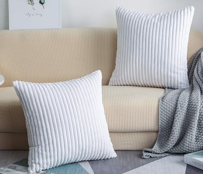 TangDepot Velvet Big Corduroy Pillow Covers 12x12 White 2-Pack | Soft wide-stripe corduroy pillow cover, hidden zipper, machine washable, easy refresh, for bedroom living room indoor outdoor