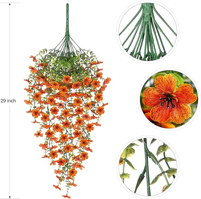 Ammyoo Artificial Hanging Flowers for Outdoors Fake Plants Decoration, 2 Packs Faux Silk Daisy Flower Realistic Outdoor Flowers UV Resistant Porch Patio Window Yard Indoor Spring Decor(Orange)