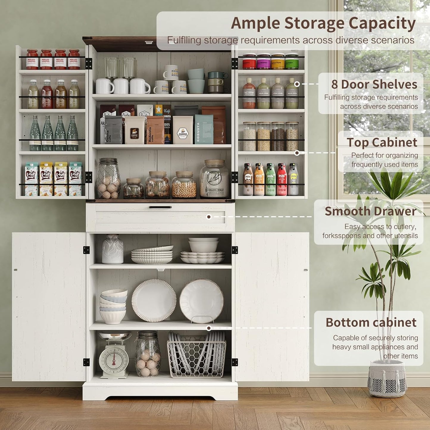 72'' Kitchen Storage Pantry Cabinet, Tall Storage Cabinet with 8 Door Shelves, 2 Cabinets and 1 Drawer, Freestanding Cupboard for Kitchen, Dining Room, Bathroom, Laundry, Off White