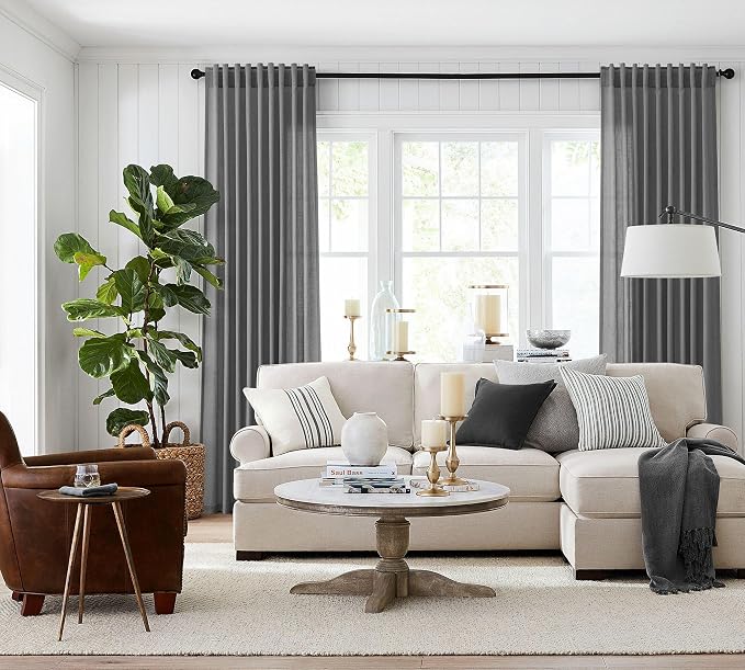Jowels Dark Grey Linen Curtains 96 Inch Long 2 Panels for Living Room | Light Filtering Semi Sheer Curtain, Back Tab Pocket Pleated Look, Boho Farmhouse Textured Privacy Drapes for Bedroom Window