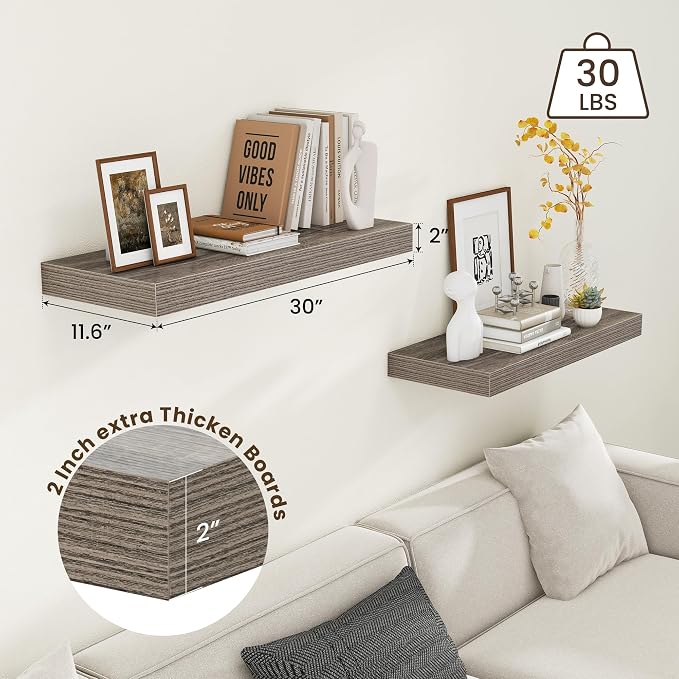 FLYJOE Deep Floating Shelves, 30 Inches Long, Set of 2 | 12 Inch Deep Shelves for Wall, 30'' x 12'' Rustic Grey Wood Shelves for Bathroom Living Room Laundry Room Kitchen