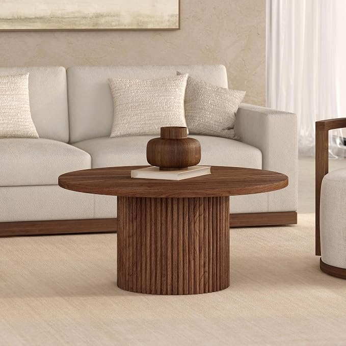 Henn&Hart 32" Fluted Round Wooden Pedestal Low-Profile Coffee Table for Living Room, Family Room, Office, or Apartment, Medium Walnut