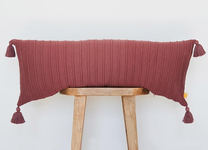 14x36 Boho Cotton Knit Lumbar Pillow Cover – Extra Long Ribbed Texture with Decorative Tassels – Burgundy, Maroon, & Vintage Wine