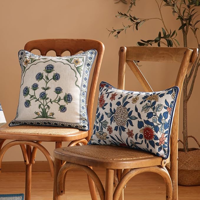 patdrea Designer French Vintage Linen Throw Pillow Cover,12"x20"-Ivar A | Decorative Pillow Cover,Blue and White Floral Pattern,Pillow Case for Couch Living Room Bedroom Sofa Outdoor