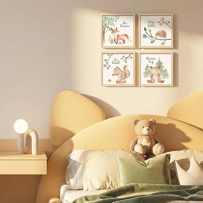 ArtbyHannah Framed Woodland Nursery Wall Decor, 4 Pack Gallery Wall Frame Set Forest Animal Safari Wall Art Prints for Baby Kids Playroom Room Decoration, Cute Artwork Frame 8x8 Inch