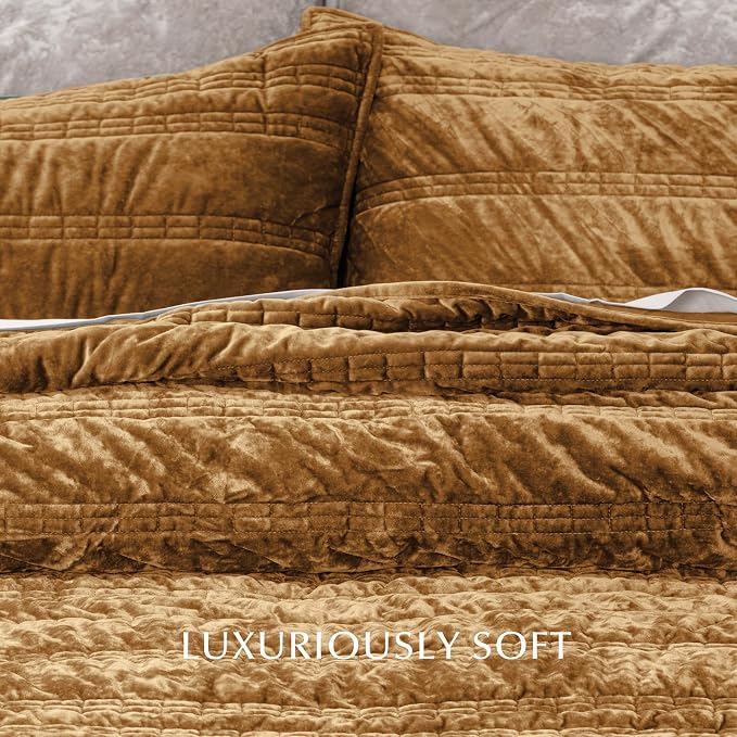 EVERGRACE Luxury Ruched Velvet Quilt Queen Size, Ultra Soft Bedspread Coverlet Set, Lightweight Velvet Comforter, Quilted Bedding Cover with 2 Matching Shams for All Season, Gold Yellow | Luxe Velvet