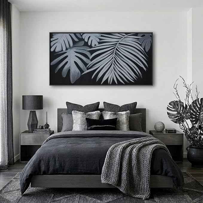Large Black and White Botanical Wall Art - Modern Abstract Canvas Plant Pictures for Living Room, Framed Minimalist Artwork, Neutral Nature Wall Paintings for Bedroom Decor 24×48In