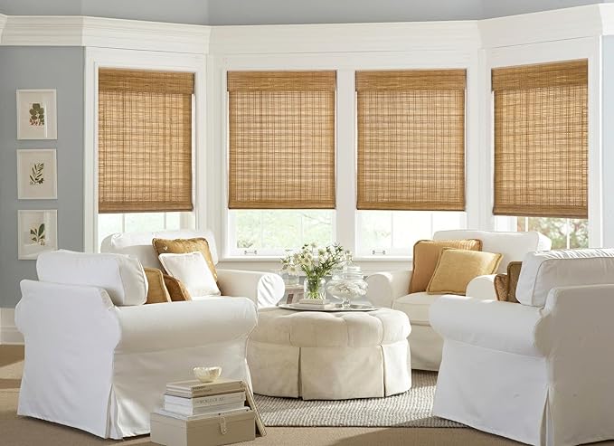 LazBlinds No Drill Bamboo Roman Shades, 35x64, Tuscan B | Light Filtering Window Treatment, No Tools Cordless Roll Up Bamboo Blinds for Window