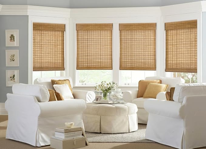 LazBlinds No Drill Bamboo Roman Shades, 25x64, Tuscan B | Light Filtering Window Treatment, No Tools Cordless Roll Up Bamboo Blinds for Window