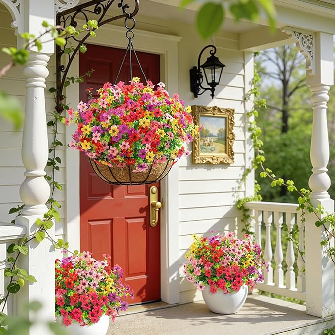 SHareconn 48 Bundles Artificial Flowers for Outdoors Spring Decoration, Fake Silk Realistic Faux Plants UV Resistant for Outside Planter Porch Patio Indoor Decor, RedRosePurpleYellowPink