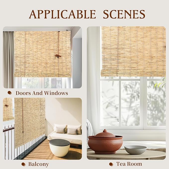 Reed Roller Blinds Shades, Vertical Lifting and Breathable Waterproof Design, Sun Shade and Ventilation, Easy Installation,30" Wx64 H