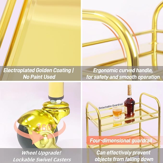 susunnus 3-Tier Gold Stainless Steel Bar Cart with Lockable Wheels,Home bar | Electroplated golden coating,with 4D guardrail,fall prevention,rustproof,wheels upgrated,for kitchen,living room,dinner party
