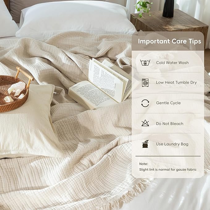MooMee Muslin Blanket - 100% Cotton 4-Layer Gauze Throw Blanket with All-Around Fringe, Soft Breathable Lightweight Cooling Summer Blankets for Bed Couch (Beige,Throw XL 50" x 70")