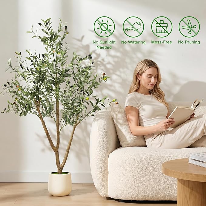 TNELTUEB Olive Trees Artificial Indoor: 5FT Fake Tree with Lights & Planter, Realistic Faux Olive Tree with Lifelike Fruits for Living Room Decor, Fake Silk Plants for Modern Home Office