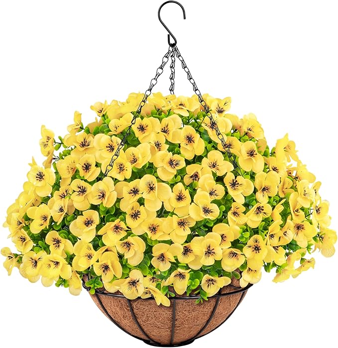 Artificial Hanging Flowers with Baskets for Outdoors, Fake Silk Pansy Flowers UV Resistant Faux Hanging Plants for Front Porch Patio Yard Home Spring Summer Decoration, Yellow