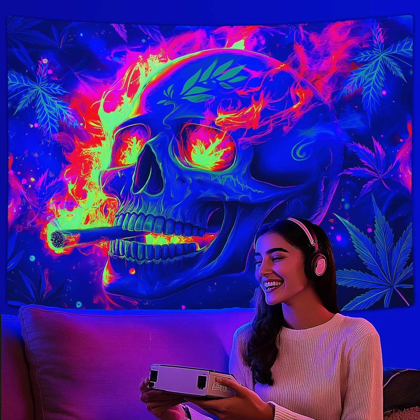 Blacklight Skeleton Tapestry, Glowing Skull UV Reactive Gothic Wall Hanging Tapestries, Glow in the Dark Grim Reaper Magic Horror Face Halloween Poster Tapestry for Bedroom Living Room Decor 70X60IN