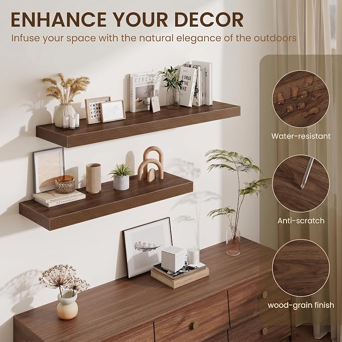 Fun Memories 48 Inch Floating Shelves for Wall - 12 Inch Deep Fireplace Mantel Shelf - Wood Floating Shelf for Wall - Large Storage Shelves Wall Mount for Living Room & Bedroom - Walnut - Set of 1