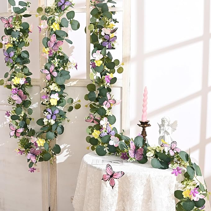 Waipfaru 4Pcs Eucalyptus Garland with Daisy 3D Butterfly, Green Garland with Flowers, 5.9FT Artificial Faux Eucalyptus Leaves Vines for Table Mantle Home Wedding Party Indoor Outdoor Decor