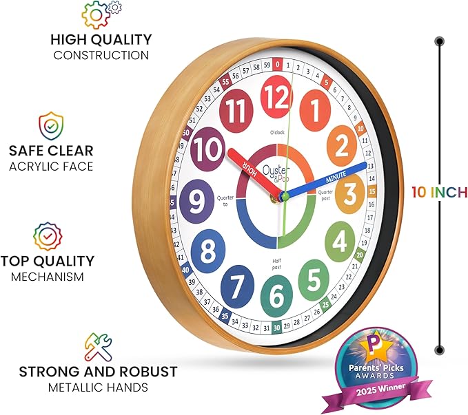 Oyster&Pop Learning Clock for Kids - Award-Winning Silent Wall Clock - 10" Non-Ticking Analog Teaching Clock for Classrooms Bedrooms & Kids Rooms - Children Learn to Tell Time Easily