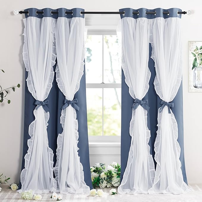 PONY DANCE Double Layer Curtains with Ruffle Sheer Overlay for Whimsical Forest Teen,Shabby Chic Room Darkening Drapes with Tiebacks, 52" Wide x 84" Long, Blue Haze, 2 Panels