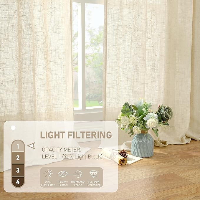 LAMIT Beige Linen Curtains for Living Room 80 inch Length, Light Filtering Semi Sheer Panels Back Tab and Rod Pocket Neutral Panels for Bedroom, 2 Panels, 34 x 80 Inch