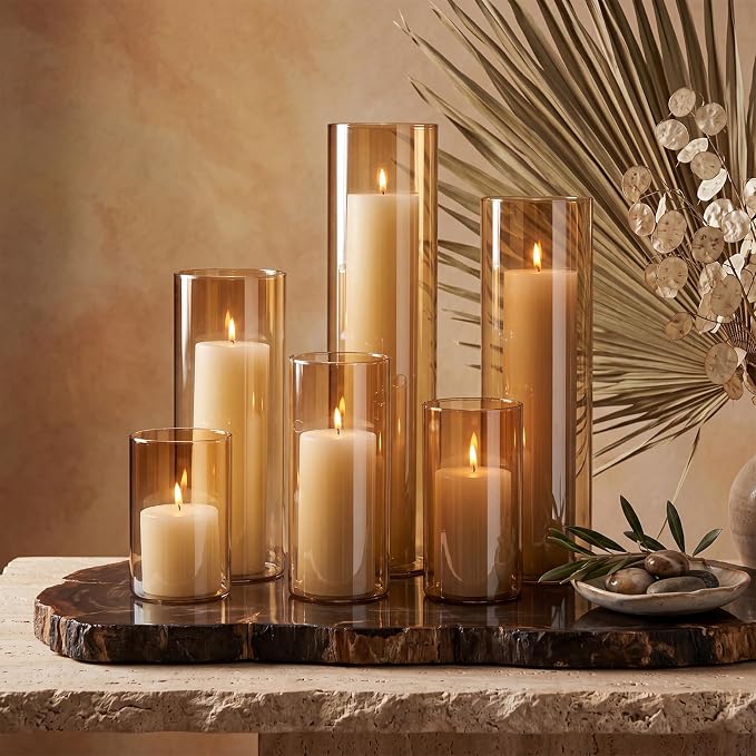 Shihanee Set of 6 Pillar Candles and Glass Cylinder Vases Assorted Sizes Cylinder Holders for Pillar Candles Home Table Centerpieces Wedding Party Decorations (Ivory，Amber)