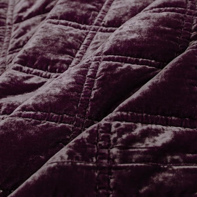 HiEnd Accent Stella Faux Silk Velvet Double Box Stitch 3 Piece Quilt Set, King Size, Dark Violet Solid Color, Classic Chic Modern Rustic Elegant Bedding Set, Lightweight Bed Set