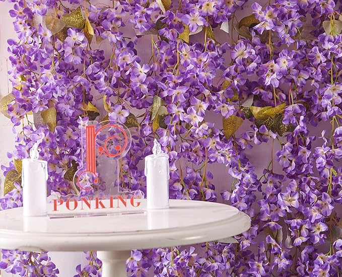 PONKING Flower Garland, Artificial Hydrangea Vine Flowers, Hanging Fake Hydrangeas Vine for Room Anniversary Wedding Birthday Christmas Wall Arch Decor, 2 Pcs, Floral Garland, Purple Flower