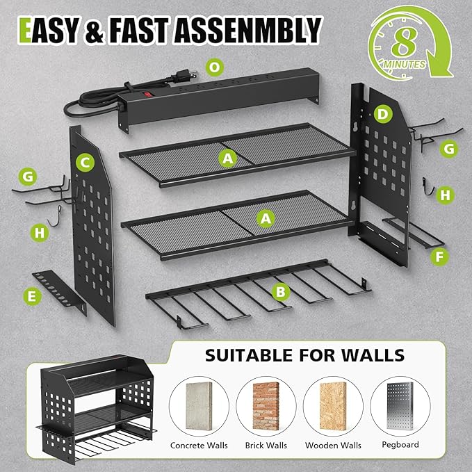 SUNALLY Power Tool Organizer Wall Mount with Charging Station,3 Layer Heavy Duty Metal Tool Storage Rack with 4 Drill Holders, Power Tool Shelf for Garage, Warehouse, Workshop, Gifts for Men, Husband