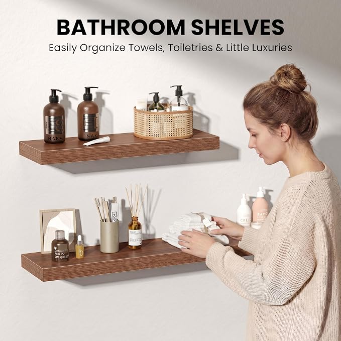 Fun Memories 16Inch Floating Shelves for Wall, 8 Inch Deep Shelves for Bathroom|Bedroom|Kitchen Wall Mounted, Wood Hanging Shelf with Invisible Brackets for Home Storage Decor, Walnut - 3 Pack