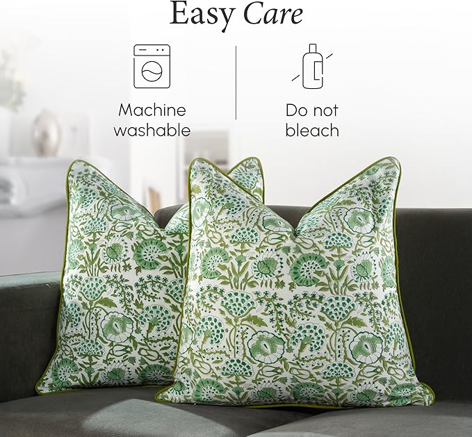 CPC 100% Cotton Throw Pillow Covers 18x18 Inch, Set of 2 Green Block Print Pattern Couch Pillow, Cute Boho Decorative Pillows for Living Room, Bedroom with Hidden Zipper- Agate Green