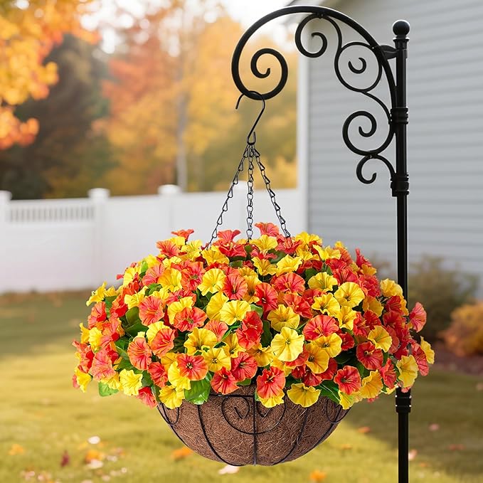 Ammyoo Artificial Hanging Flowers with Basket, Faux Silk Petunias Flower Arrangement, Coconut Lining with Morning Glories Fake Plants Patio Garden Porch Deck Fall Decor(Orange Yellow)