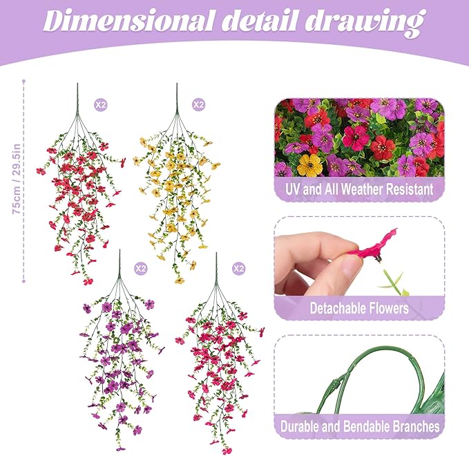 8 PCS Fake Artificial Hanging Flowers for Outdoors Decoration, Faux UV Resistant Artificial Outdoor Flowers, Fake Plants Look Real Daisy No Fade Spring Decor for Porch Home Patio Balcony and Yard