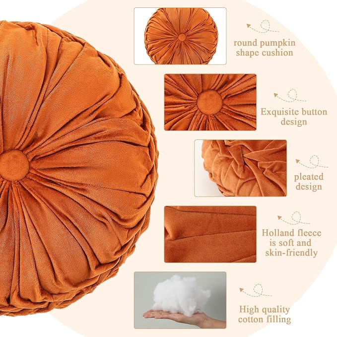 Drydiet 1 Pcs Round Throw Velvet Pillows Decorative Pleated Throw Pillows Diameter Accent Pumpkin Boho Chair Cushion for Couch Sofa Home Decoration (Brunt Orange,15'')