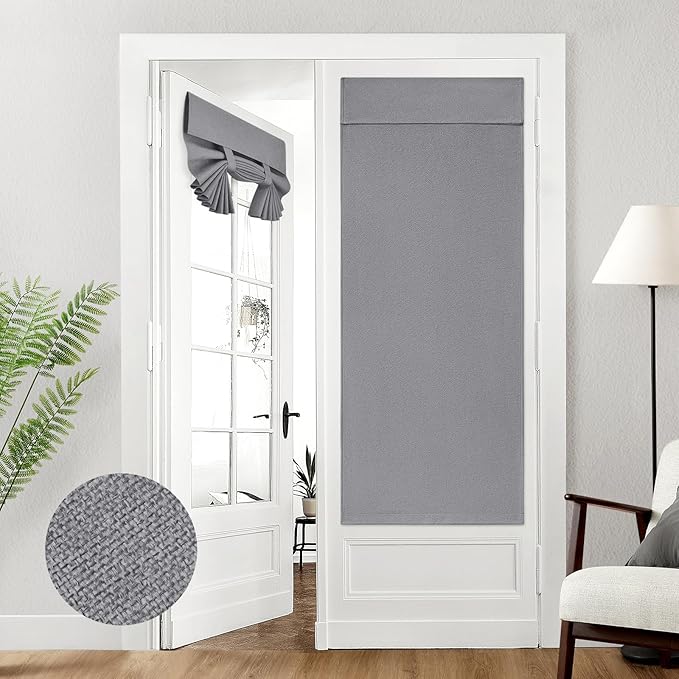 HOMEIDEAS 100% Linen Blackout French Door Curtains, Privacy Door Window Curtains, 26 X 68 Inch Room Darkening Blinds, Thermal Insulated Shades for Bedroom, 1 Panel, Dark Grey