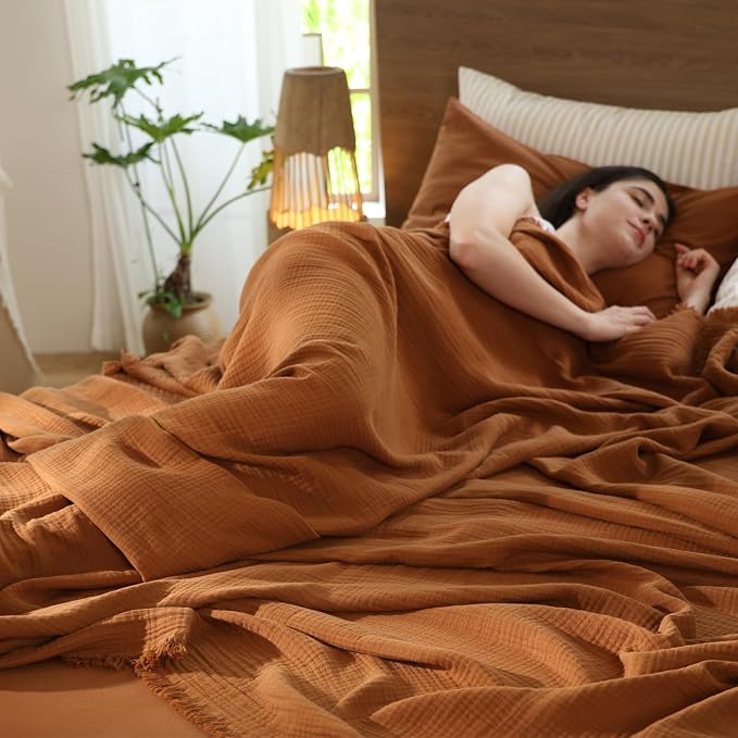 MooMee Muslin Blanket - 100% Cotton 4-Layer Gauze Throw Blanket with All-Around Fringe, Soft Breathable Lightweight Cooling Summer Blankets for Bed Couch (Drak Orange,Oversize Queen 98" x 98")