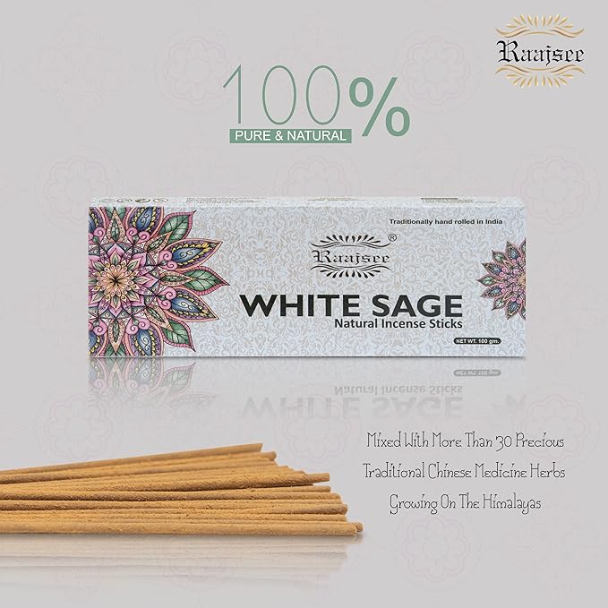 White Sage Incense Sticks for Cleansing 100 gm Pack - 100% Natural -Charcoal Free - Organic Non Toxic Clean Burning - Made from Upcycled Flowers