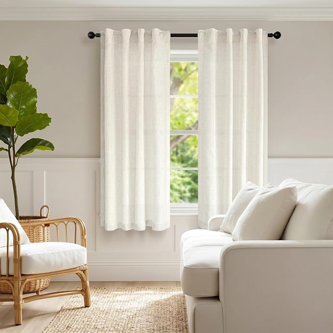 Light Filtering Linen Curtains 54 Inch Length 2 Panels Cream Semi Sheer Airy Light Weight Back Tab Rod Pocket Rustic Neutral Drapes for Bedroom Living Room Home Decor Small Window 34 x 54 Inch Long