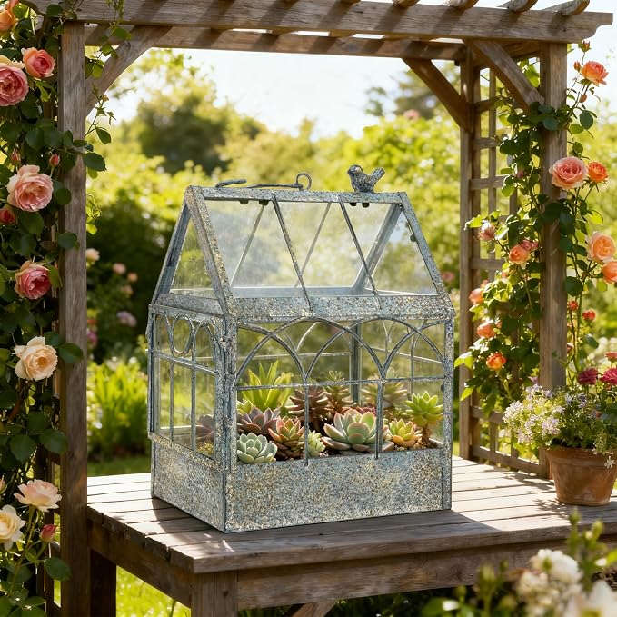 Large House Shape Glass Terrarium with Lid, Geometric Greenhouse - Style Planter for Ferns, Succulents, Air Plants, Handmade Indoor Tabletop Decor (Terrarium Only)