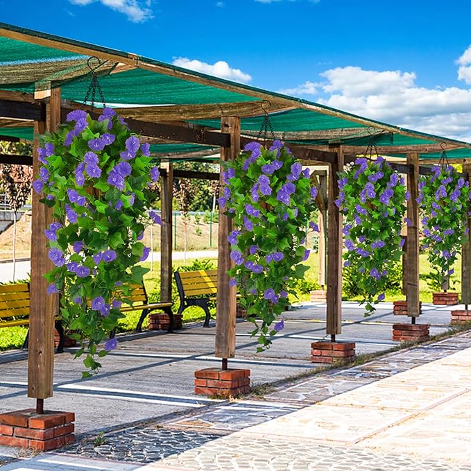 Artificial Fake Hanging Flowers Plants Basket for Spring Outdoor Outside Decoration, UV Resistant Faux Plastic Fabric Flower Morning Glory Wisteria Petunia for Garden Porch Patio Balcony Yard Decor