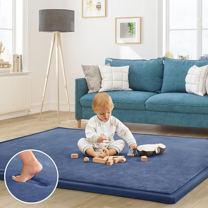 Baby Play Mat for Floor Nursery Rug Muscle Mat Area Rug Playroom Rug 50"x50" Playpen Mat Elastic Foam 1.3" Thick Crawling Mat for Babies,Toddlers, Infants, Kids,Sapphire Blue