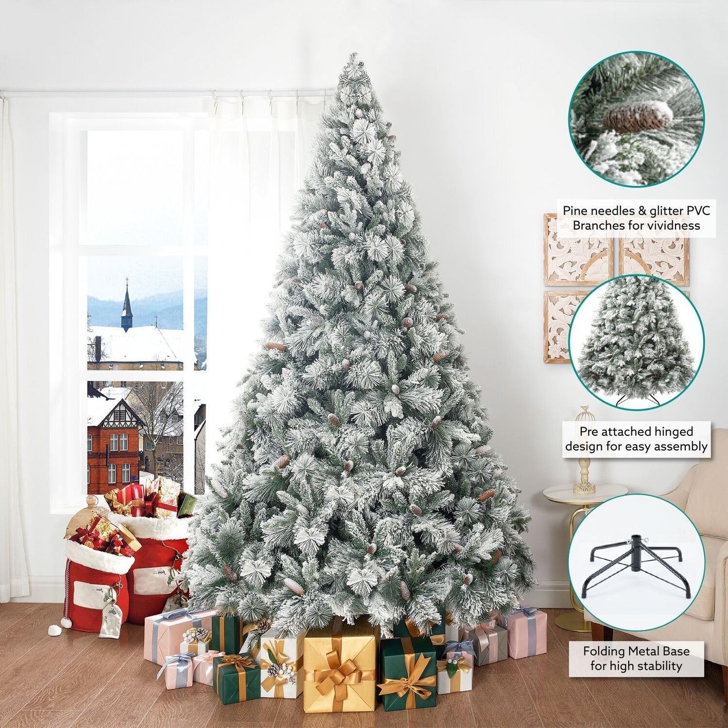 Naomi Home 6.5ft Christmas Tree with Lights Realistic Spruce Christmas Tree Prelit with Foot Pedal 1197 Branch Tips 450 Warm Lights and Metal Stand Aritificial Tree +ürbol De Navidad
