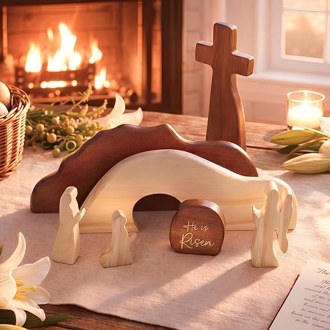 He is Risen Easter Decor – Wooden Resurrection Scene with Empty Tomb, Cross & Figurines, Christian Religious Tabletop Decoration for Home, Faith Easter Gift, Easter Basket Stuffer