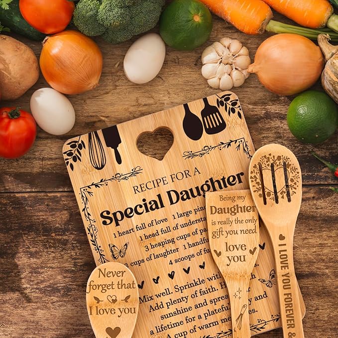 Gifts for Daughter - "Recipe for a Special Daughter" Daughter Birthday Gifts Cutting Board Set, Bamboo-Made Engraved Utensil Set Birthday Gifts for Daughter, Mothers Day Gifts for Daughter