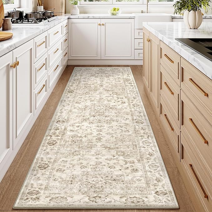 2x7 Washable Neutral Runner Rug Beige Vintage Hallway Kitchen Carpet Non-Slip Soft Low Pile Farmhouse Throw Rug for Bedroom Bathroom Laundry Living Room
