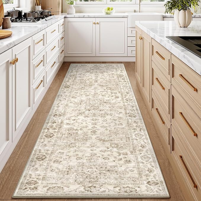 3x7 Washable Neutral Runner Rug Beige Vintage Hallway Kitchen Carpet Non-Slip Soft Low Pile Farmhouse Throw Rug for Bedroom Bathroom Laundry Living Room