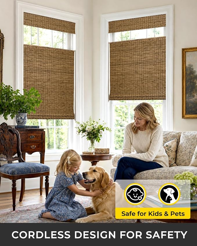 UNISHADES No Drill Cordless Bamboo Roman Shades, 29×64 in, Highfield Teak | Room Darkening Top Down Bottom Up Window Blinds for Indoor Windows