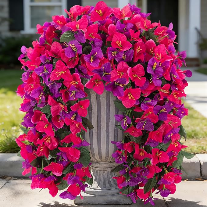 Fake Bougainvillea Artificial Flowers for Outdoors Decoration 2 pcs Faux Hanging Flowers Plants for Outdoor Planters UV Resistant Silk Bougainvillea Vines for Front Door Porch Urn Patio Garden